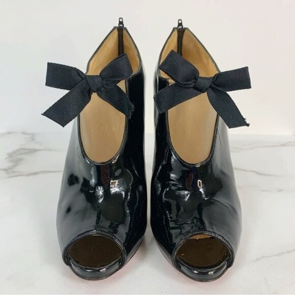 Black Patent Leather Bow Ankle Peep Toe - Picture 3 of 6